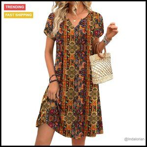 Floral V-Neck A-Line Mini Dress Boho Chic Casual Summer Beach Sundress